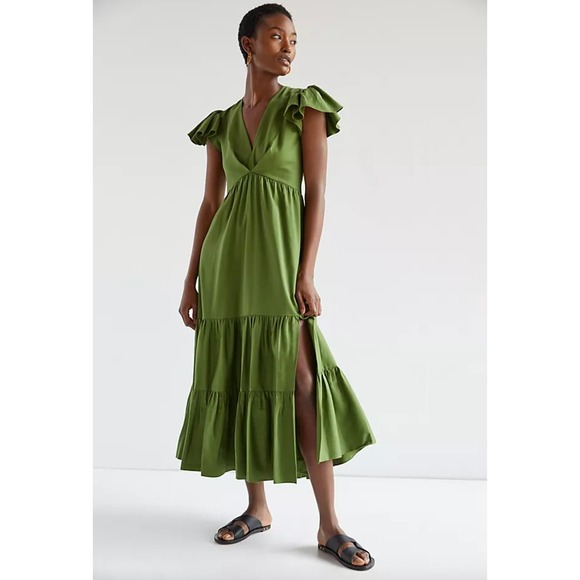 Sachin & Babi Dresses & Skirts - Sachin & Babi Cotton Tiered Flutter Sleeve Midi Dress Green Size 8 Anthropologie
